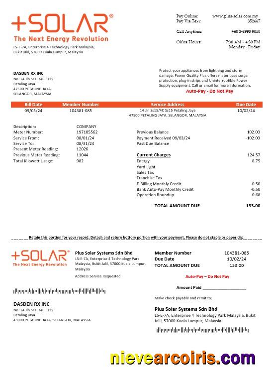 Malaysia Plus Solar Systems Sdn Bhd business utility bill